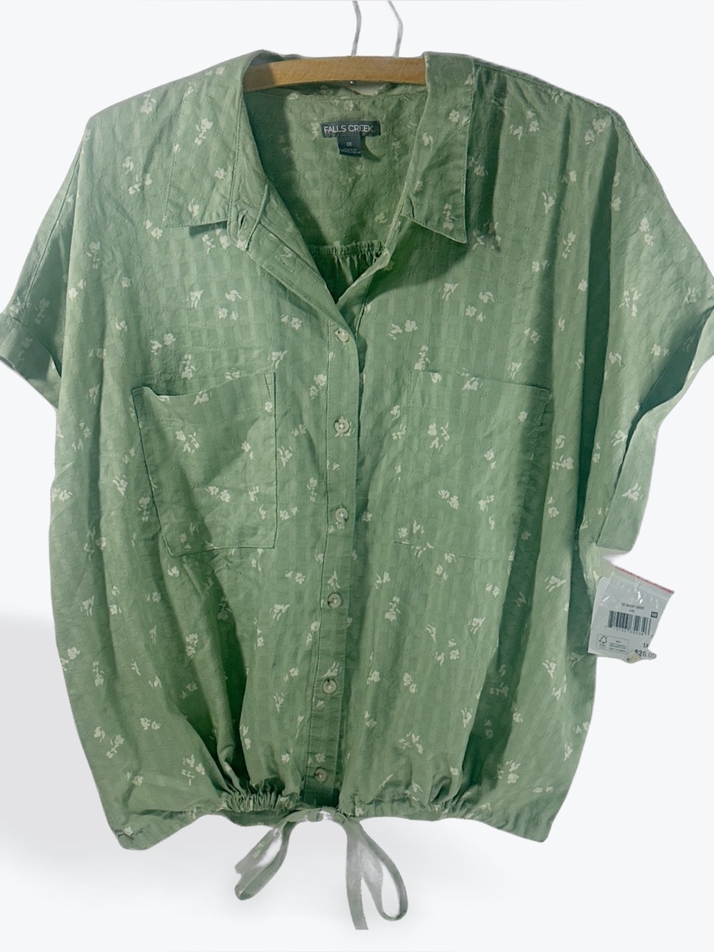 Falls Creek Light Sage Green Floral Button-Front Blouse